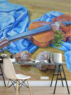 Fototapeta Skrzypce i muszelki malowane akwarelą