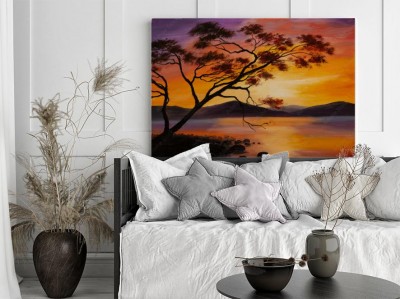Obraz na płótnie Obraz olejny - zachód słońca nad jeziorem, sztuka abstrakcyjna