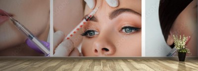 Fototapeta Kolaż części twarzy z zastrzykami zabiegowymi na twarzach kobiet