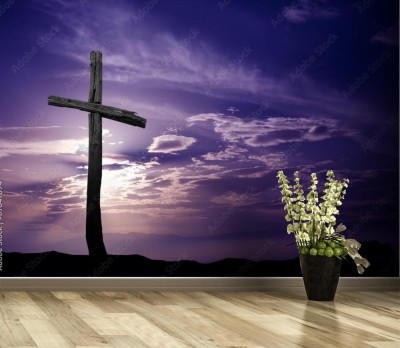 Fototapeta Krzyż ze starego drewna o wschodzie słońca