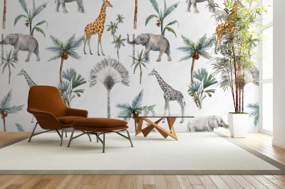 Tapeta w modne wzory ze zwierzętami i palmami