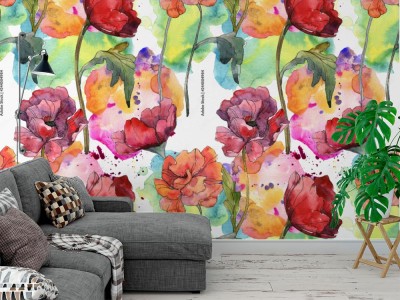 Fototapeta Red poppy floral botanical flower  Watercolor background illustration set  Seamless background pattern 