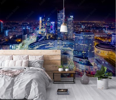 Fototapeta Warszawa nocny widok z lotu ptaka