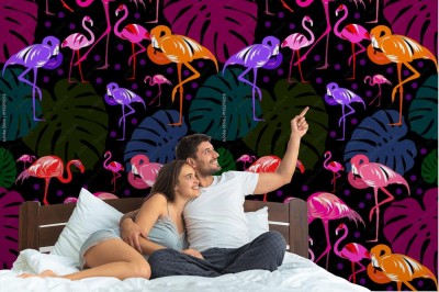 Fototapeta we flamingi i tropikalne liście palmy