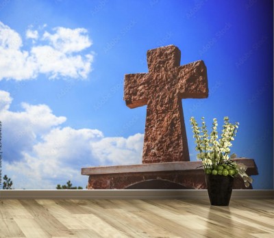 Fototapeta Kamienny Krzyż prawosławny na niebieskim niebie