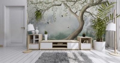 Fototapeta Drzewo we mgle z lecącym żurawiem