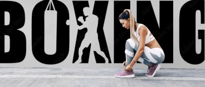 Fototapeta z napisem Boks i sylwetką boksera