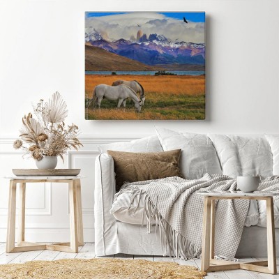 Obraz na płótnie Konie pasące się w górskiej przełączy
