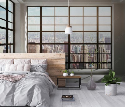 Fototapeta z oknem przez które widać miasto