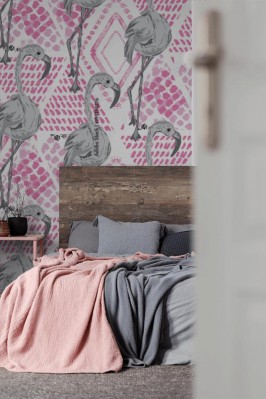 Tapeta Piękny tropikalny wzór z szarym flamingiem i różowym motywem geometrycznym