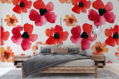 Fototapeta Seamless background with red poppies watercolor 