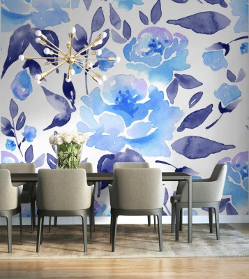 Tapeta z błękitnymi kwiatami i liśćmi