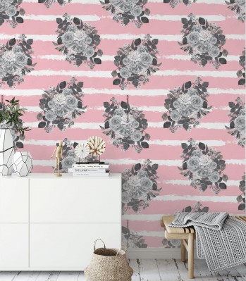 Tapeta z bukietem kwiatów na różowym tle