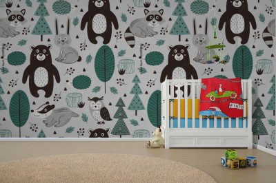 Fototapeta z wzorem leśnych zwierząt na szarym tle w stylu skandynawskim