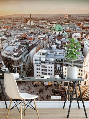 Fototapeta Wiedeń o zachodzie słońca, widok z lotu ptaka z góry na miasto