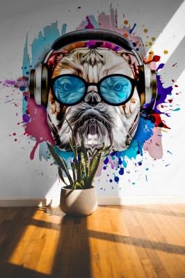 Fototapeta z intensywnie kolorowym  motywem psa w słuchawkach i okularach 