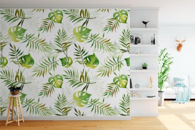 Tapeta z ręcznie malowanymi liśćmi egzotycznych roślin