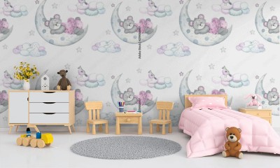 Tapeta do pokoju dziewczynki ze słodkim misiem 
