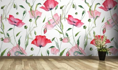 Fototapeta Square seamless pattern on white background for textile design, wallpapers and wrapping paper  Watercolor hand painted botany poppy flowers with green leaves