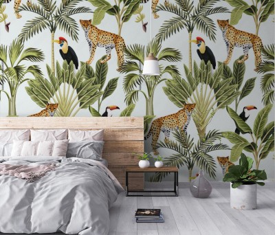 Tapeta Tropikalny modny wzór vintage z motywami zwierzęcymi i roślinnymi