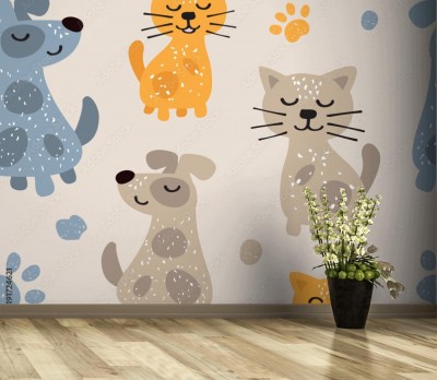 Tapeta w słodkie psy i koty w stylu skandynawskim