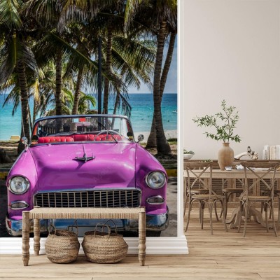 Fototapeta Różowe, klasyczne auto w przepięknej Kubańskiej scenerii  
