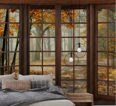 Fototapeta z pięknym widokiem z okna na jesienny krajobraz