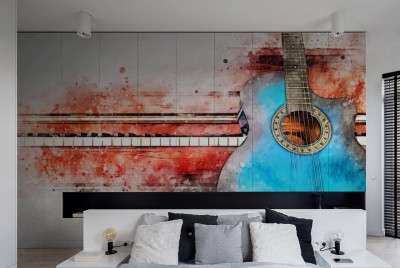 Naklejka na szafę Abstrakcyjna ilustracja niebieskiej gitary na rozmazanym tle fortepianu