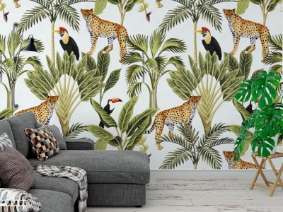 Tapeta Tropikalny modny wzór vintage z motywami zwierzęcymi i roślinnymi