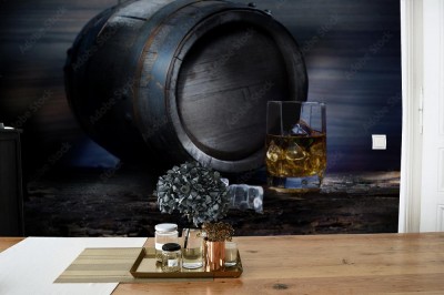 Fototapeta Szklanka whisky na tle beczek