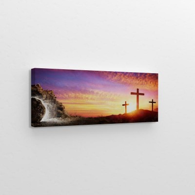 Obraz na płótnie Rezurekcja - Otwarty grób oraz trzy krzyże na tle zachodzącego słońca