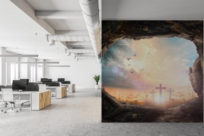 Fototapeta Niedziela Wielkanocna: Pusty grób kamień z trzema krzyżami