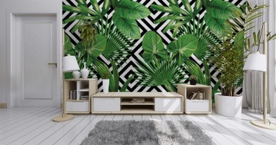 Tapeta tropikalny wzór liści palmowych na geometrycznym tle