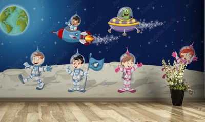 Fototapeta Animowani astronauci na Księżycu ze statkiem kosmicznym