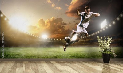 Fototapeta Gracz piłki nożnej w akci na zmierzchu stadium panoramy tle