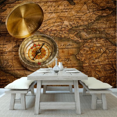 Fototapeta Złoty kompas na antycznej mapie