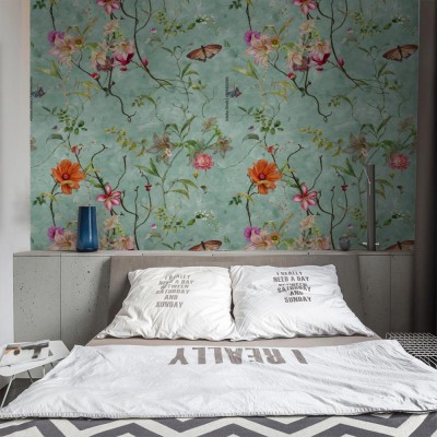 Tapeta kwiaty na szmaragdowo turkusowym tle