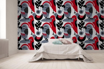 Tapeta Nowoczesna mozaika z ptaków i liści