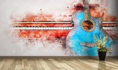 Fototapeta Abstrakcyjna ilustracja niebieskiej gitary na rozmazanym tle fortepianu