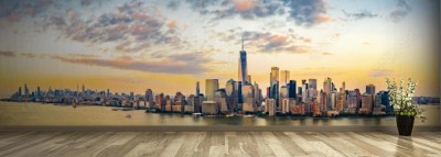 Fototapeta Powietrzna panorama Nowy Jork linia horyzontu przy zmierzchem z śródmieściem i śródmieściem Manhattan