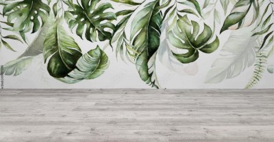 Fototapeta z ilustracją tropikalnych liści zwisających z sufitu