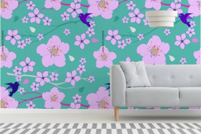 Tapeta z wzorem  kwitnących wiśni i ptaka na zielonym tle