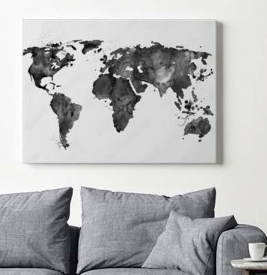 Obraz na płótnie Ilustrowana mapa świata wykonana czarną akwarelą na białym tle 