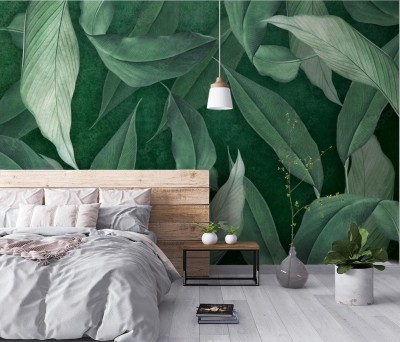Fototapeta 3D Tropikalne liście na zielonym tle