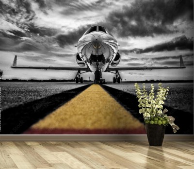 Fototapeta Czarno biały samolot z żółtym pasem startowym