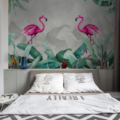 Fototapeta Różowe flamingi i tropikalne liście na szarym tle