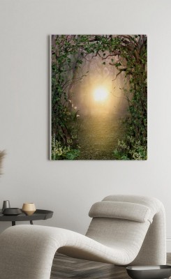 Obrazy do salonu Ścieżka przez bajkowy las z pięknym niebiańskim zachodem słońca