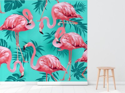 Tapeta Modne różowe flamingi na lazurowym tle