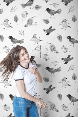 Tapeta Ręcznie rysowane ptaki i kwiaty w odcieniach szarości