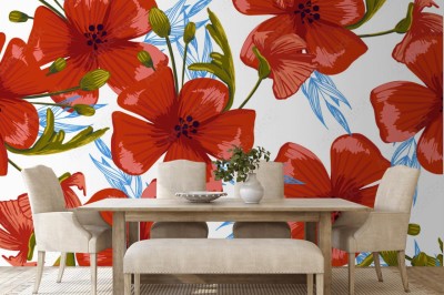 Fototapeta seamless pattern simple red poppies Scattered red flowers vector pattern background